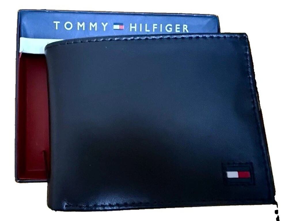 *NEW* TOMMY HILFIGER Men's Black Bifold Wallet RFID Protection Blocking Logo
